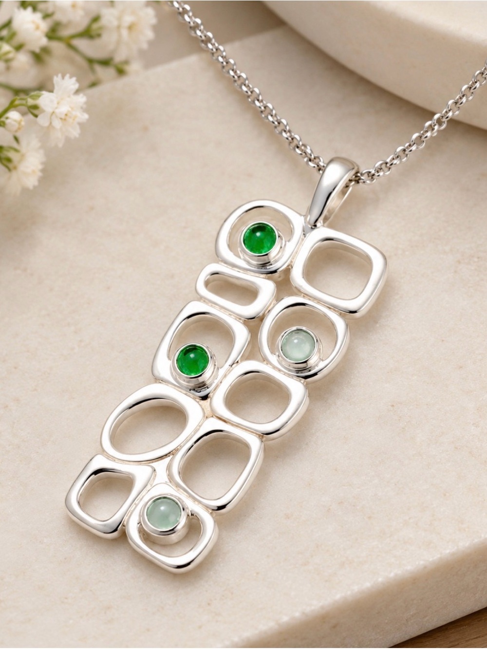 Irish Sterling Silver Open-Shape Necklace with Green Gem Accents